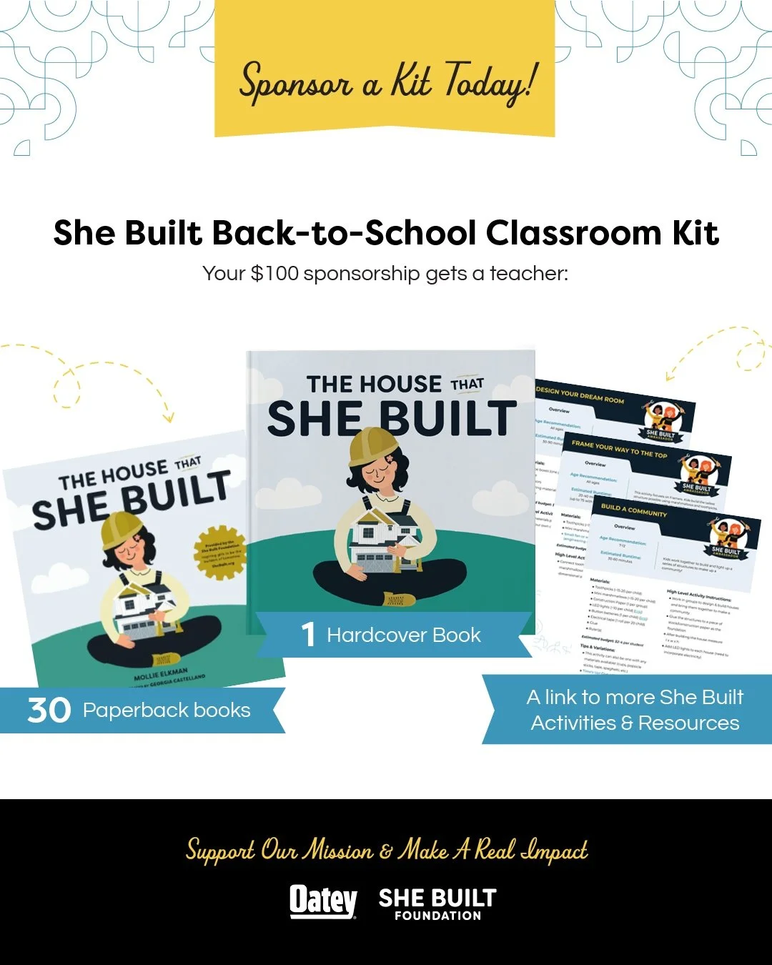 🎒✨ Join the She Built Foundation and Oatey Co in empowering the next generation of builders! Your donation will provide students with The House That She Built paperback books, a hardback book, and free learning resources. Choose a classroom to suppo