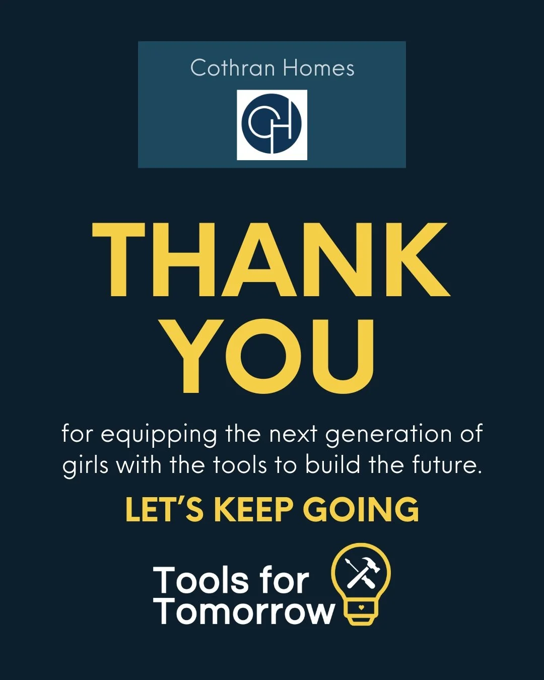 This is what progress looks like! 🤩

Thanks to the generous donation from @CothranHomes, Tools for Tomorrow continues empowering women and girls with the education, resources, and representation they deserve in construction and STEAM careers. 🛠️

H
