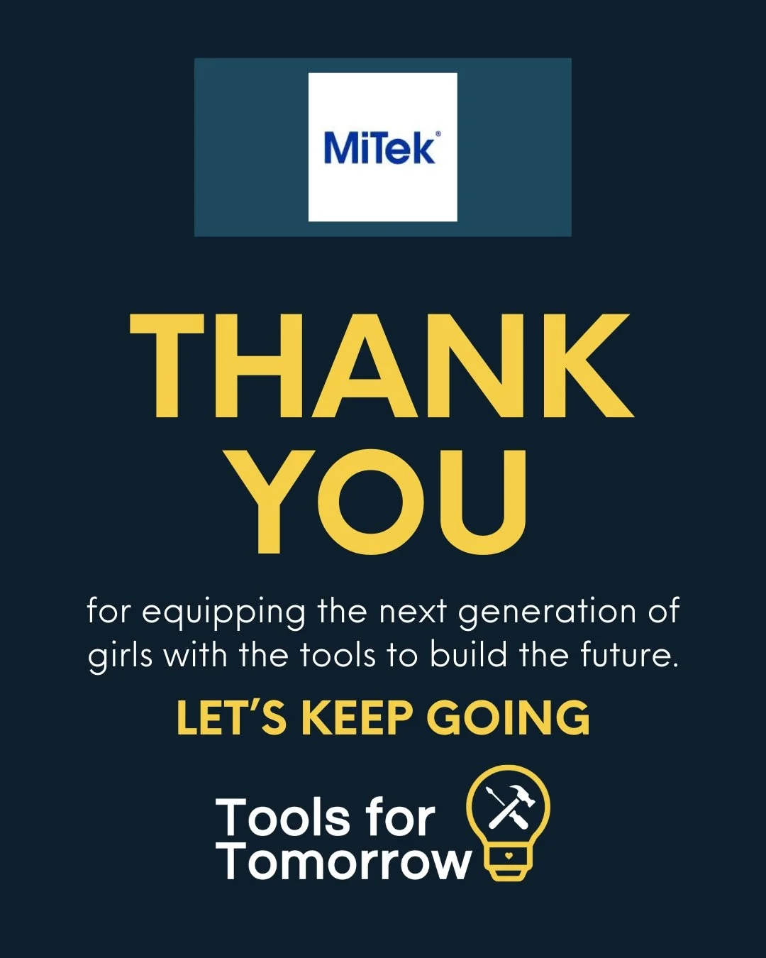 A heartfelt thank you to @MiTekinc for their generous matched donation to Tools for Tomorrow! 🛠️💙

Because of their support:
 📚 Kids are getting The House That She Built
 🌟 Girl Scout Troops are receiving Patch Programs
 🖍️ Educators are being e