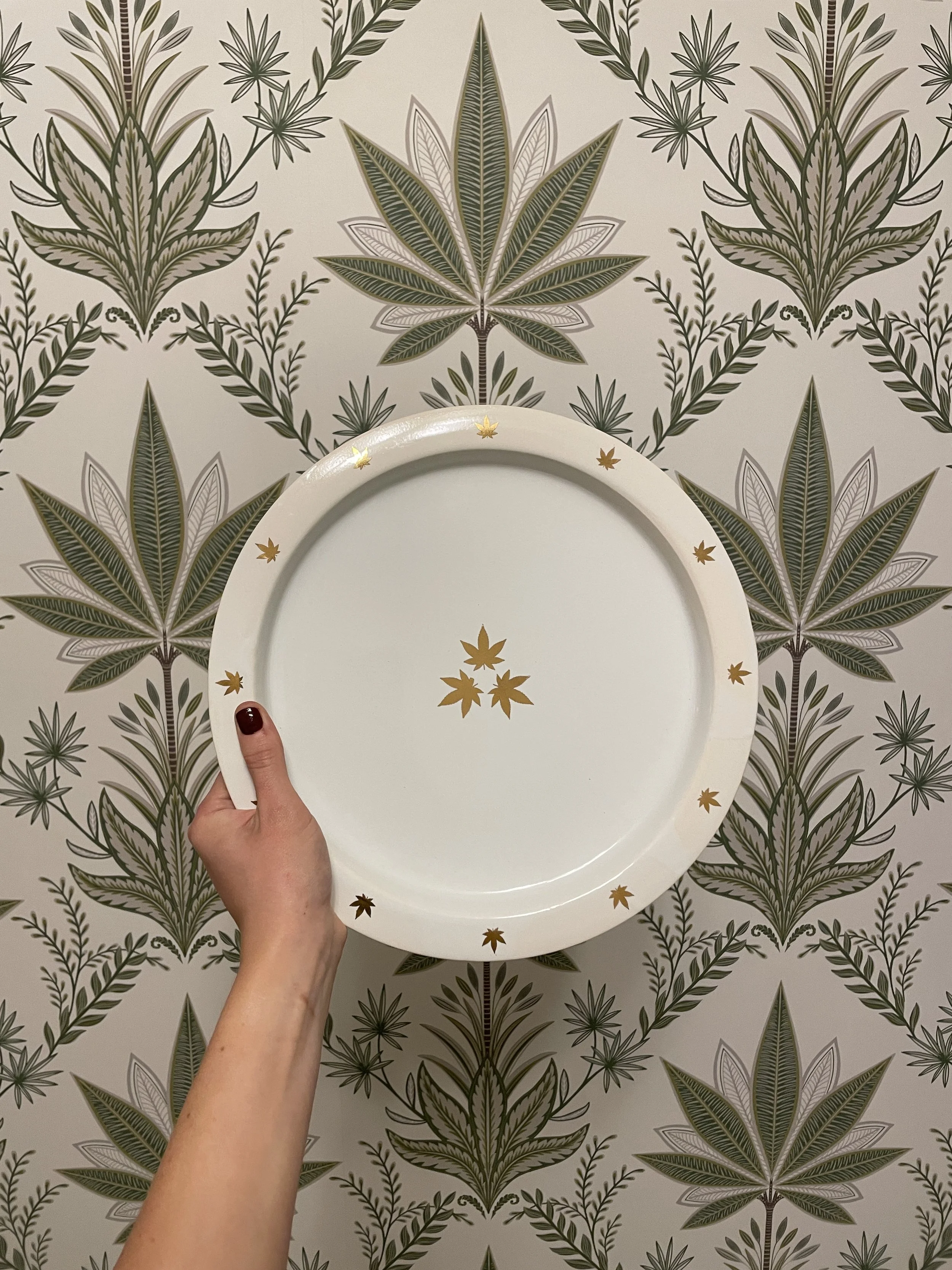 my grandparents accidentally and completely unknowingly redid their guest room with weed wallpaper so I made them a weed platter to go with it