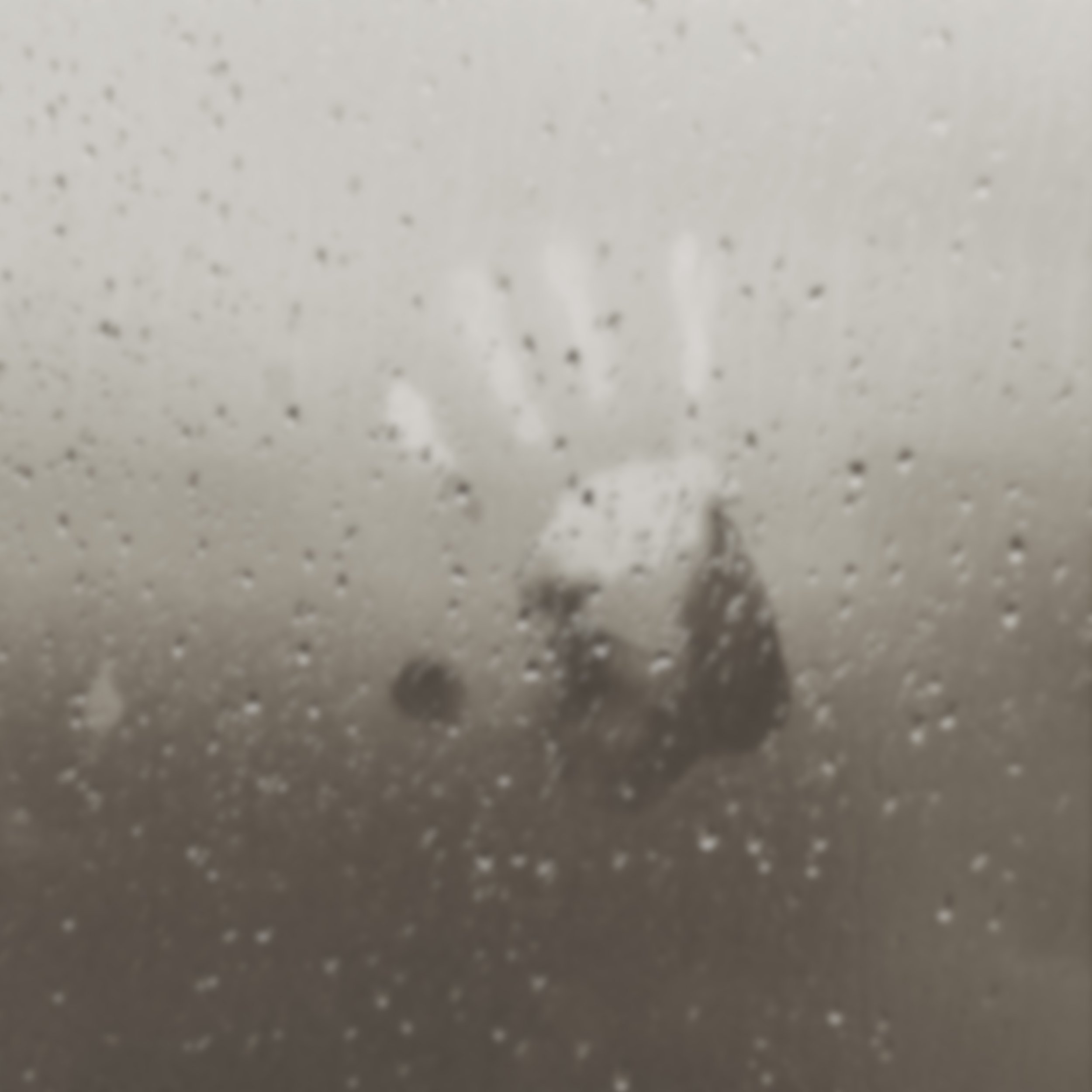 Moody, blurred image of a hand pressed against rain-speckled glass, with the figure behind it out of focus.