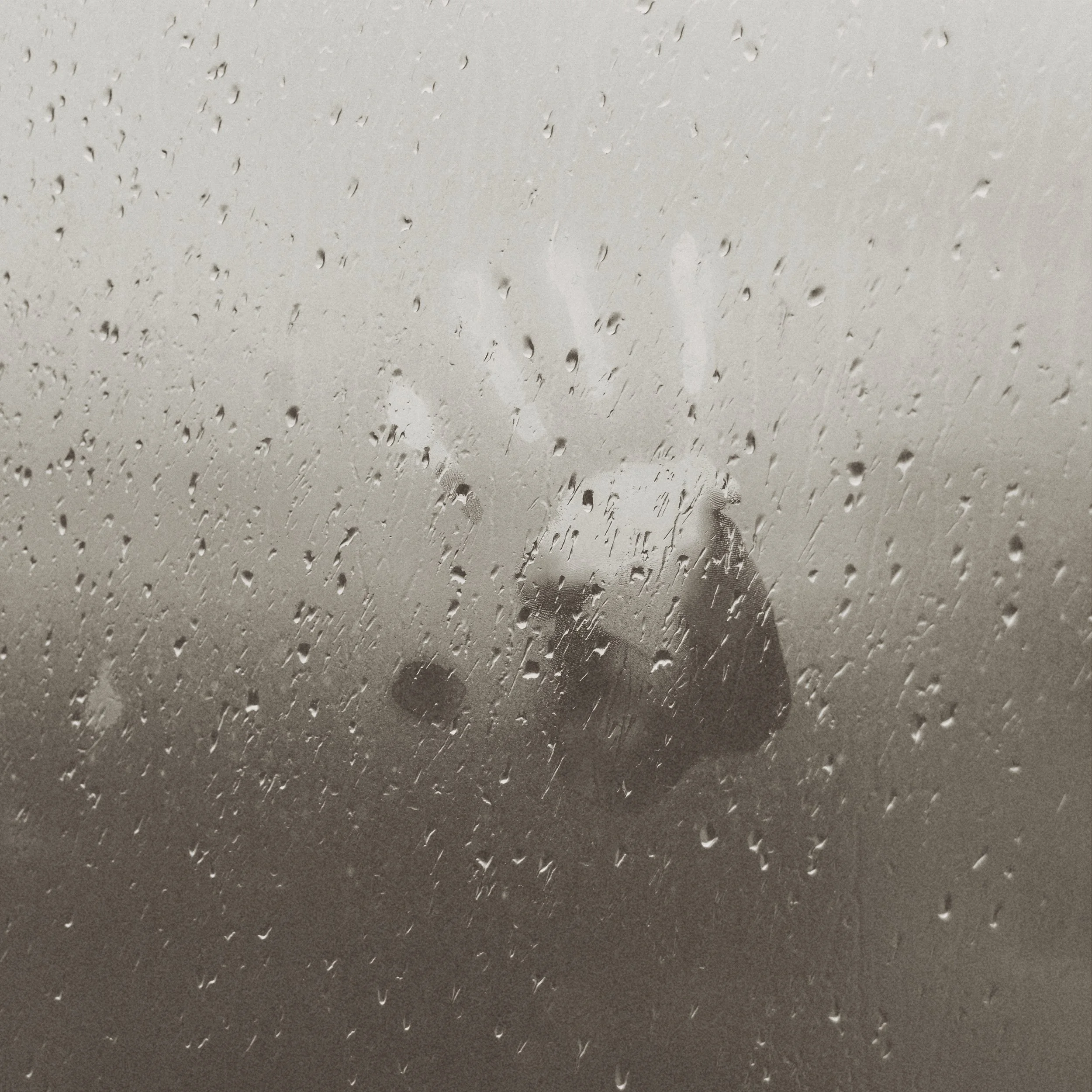 Handprint on a rain-covered window, blurred in fog. A quiet, haunting image evoking memory, absence, and longing.