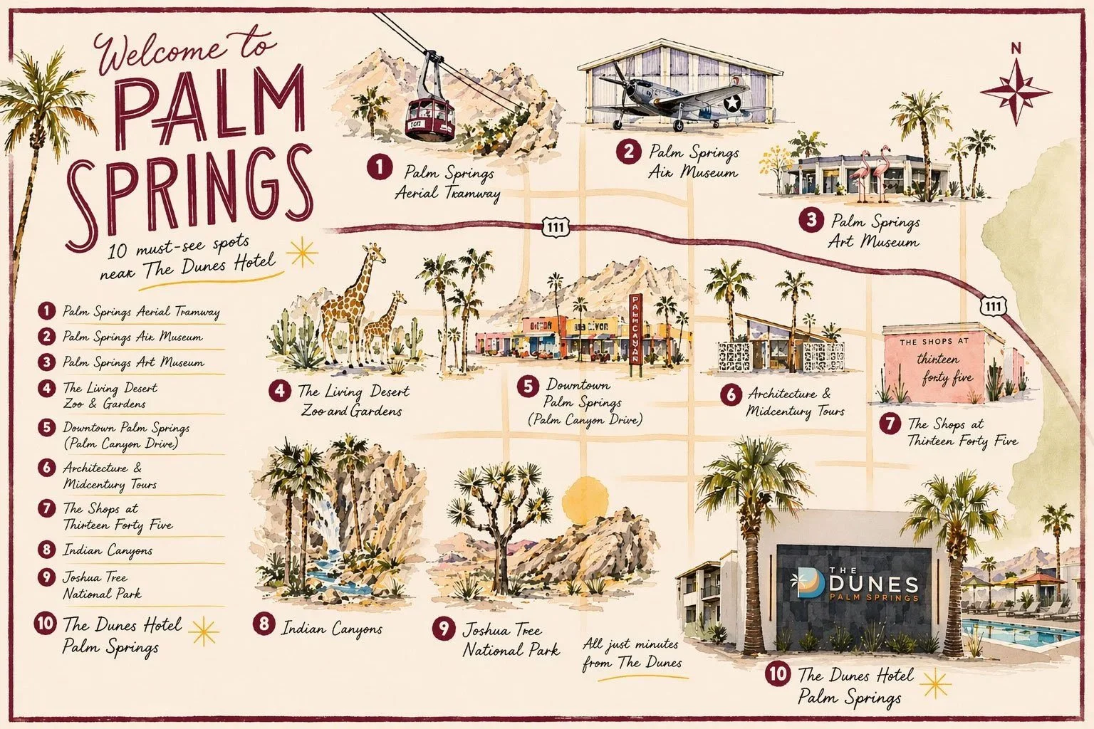 A colorful illustrated map of Palm Springs highlighting ten must-see attractions including the aerial tramway, air museum, art museum, Living Desert zoo, downtown area, architecture tours, shops, Indian Canyons, Joshua Tree National Park, and a hotel. The map features drawings of landmarks, palm trees, mountains, and a compass rose.