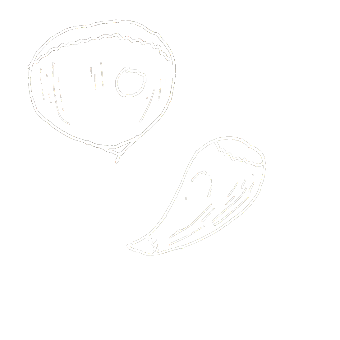 A simple black and white line drawing of a donut and a banana on a black background.