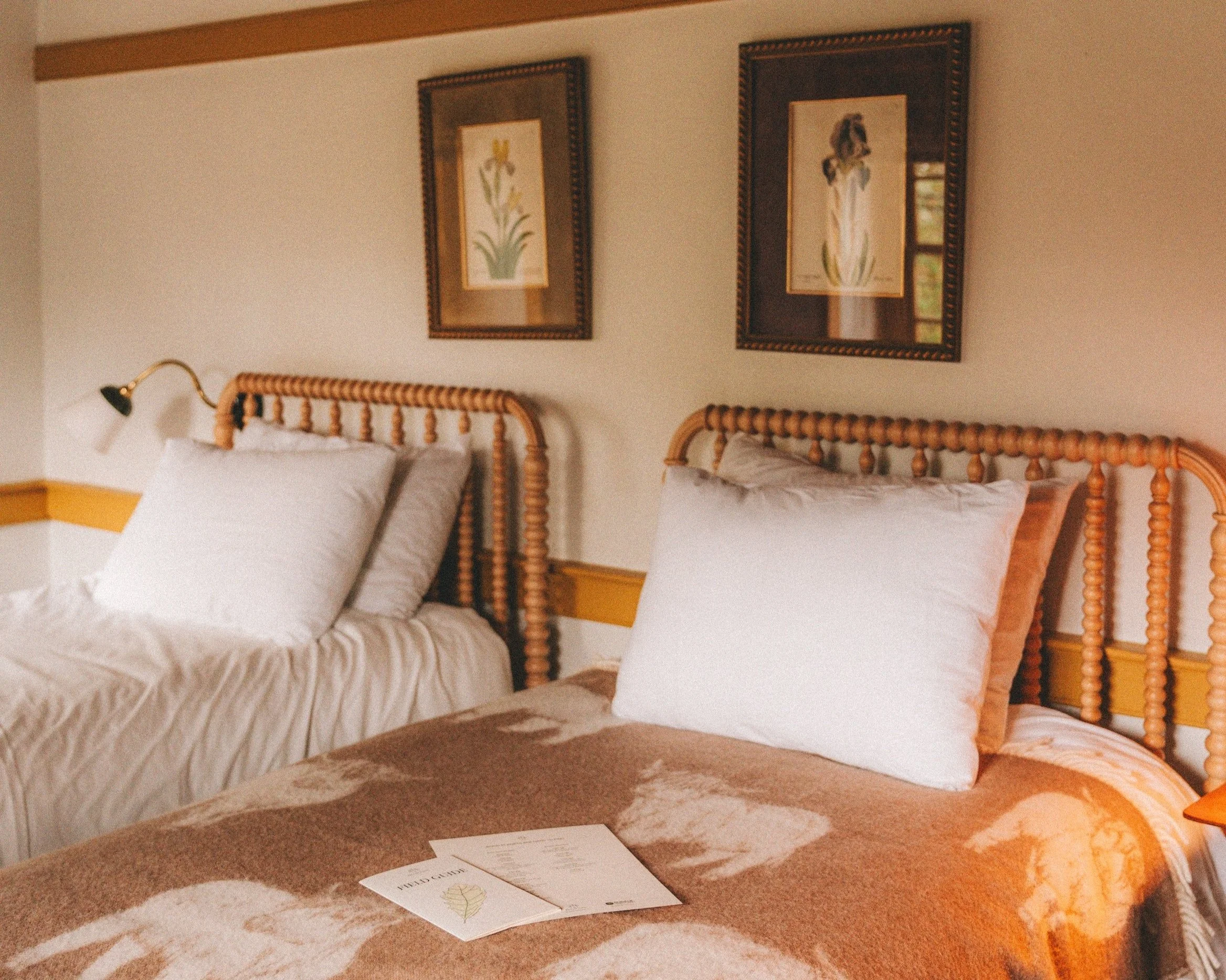 Two twin beds with white pillows and blankets, wooden headboards, a wall-mounted reading lamp on the left side, and framed botanical artwork hanging above each bed in a cozy bedroom.