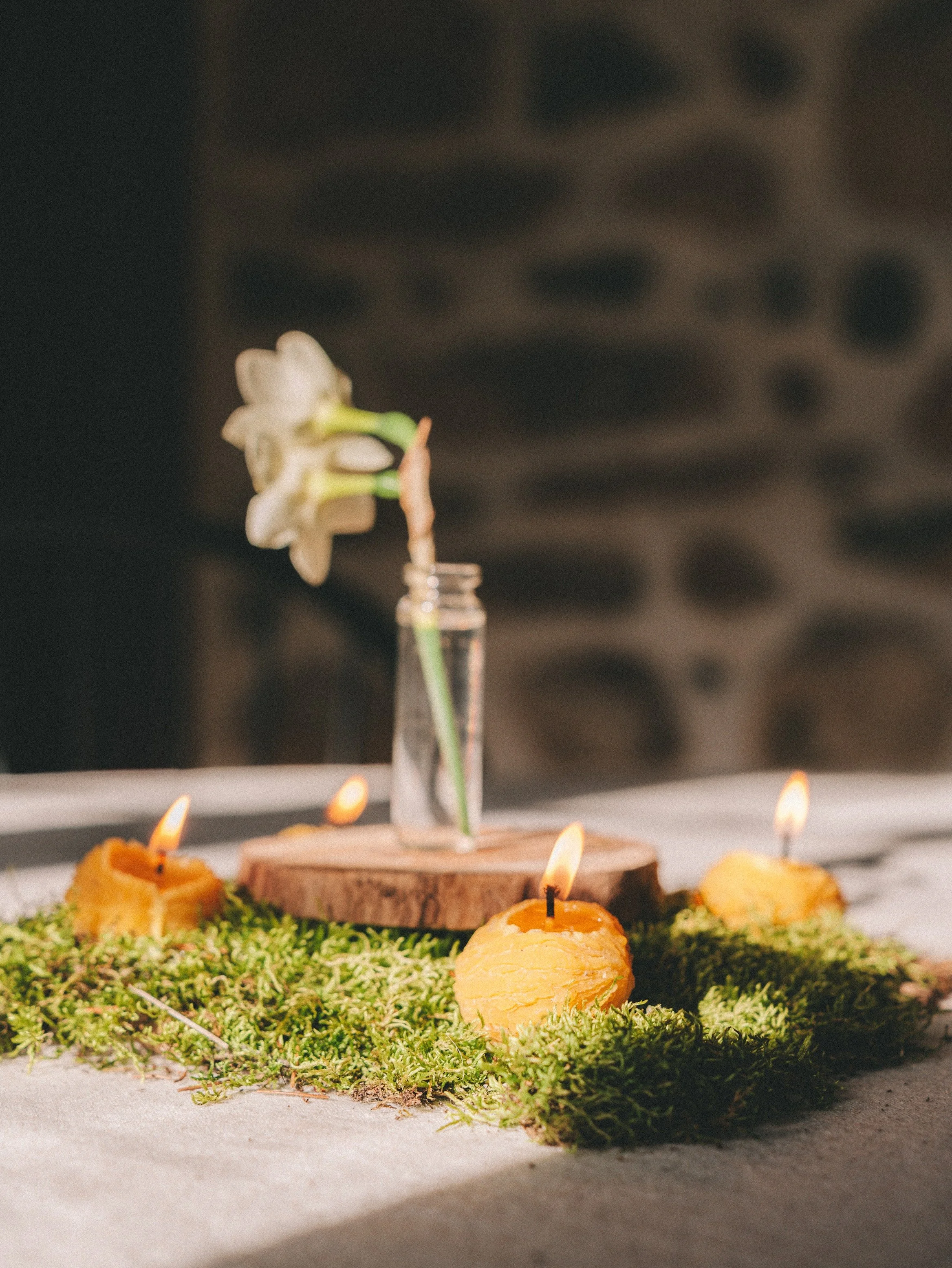 Decorative arrangement with three small yellow candles with flames, placed on green moss, and a wooden slice with a small glass bottle containing a single white flower in the background, against a blurred dark background.