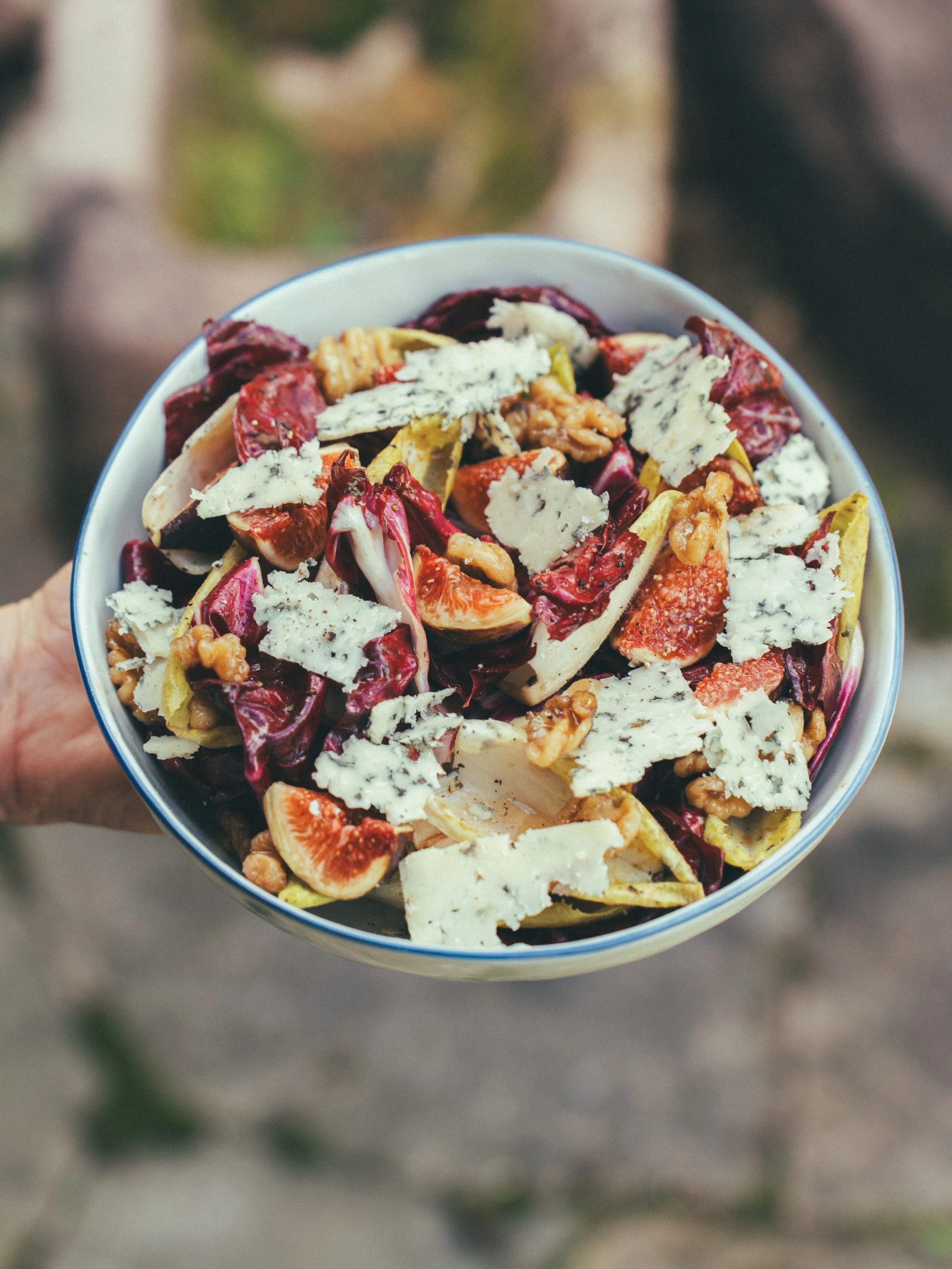 Bowl of salad with radicchio, figs, blue cheese, walnuts, and mixed greens.