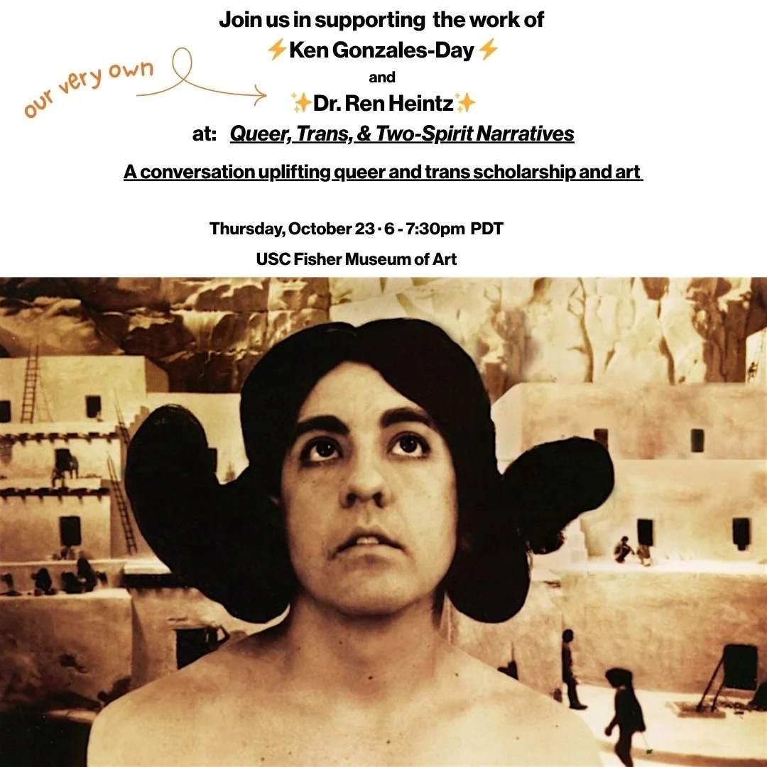 Join us for &ldquo;Queer, Trans, &amp; Two-Spirit Narratives&rdquo;
✨ A panel conversation uplifting queer and trans scholarship and art ✨

Come support @kengonzalesday and @ren_heintz 

📅 10/23 at 6pm 📍 UC Fisher Museum of Art

for more info see @