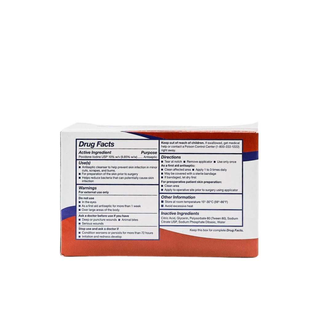 Every pad is saturated with a 10% povidone iodine solution that is equivalent to 1% iodine.