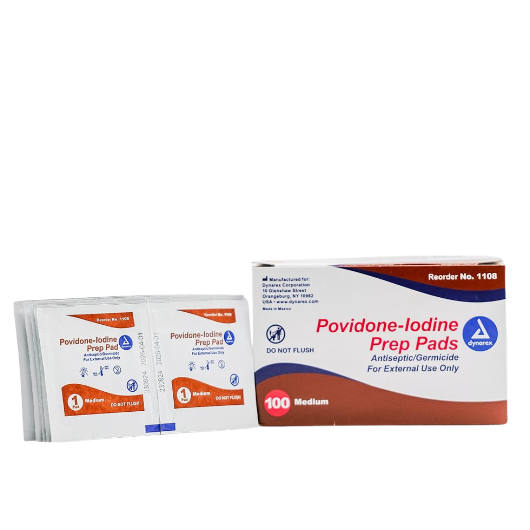 Every pad is saturated with a 10% povidone iodine solution that is equivalent to 1% iodine.