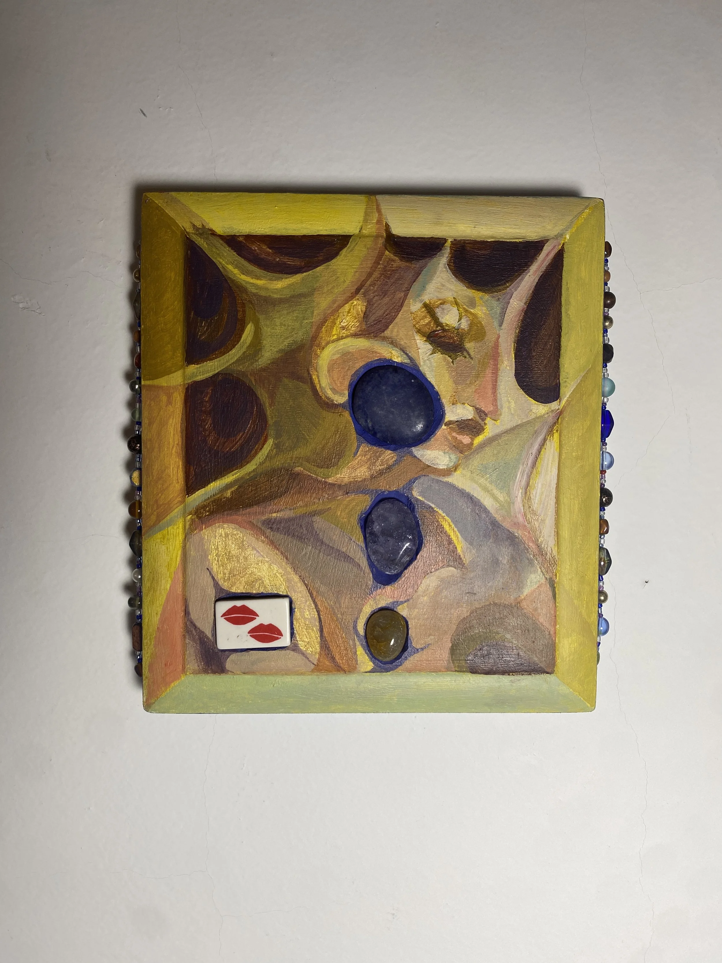 "To have and to hold" Acrylic, precious stones, ceramic tile, and beaded thread on reclaimed wooden cigar box lid. 8 x 8 x 1" 