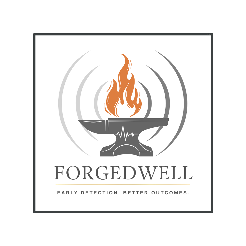 Logo for ForgedWell featuring a black background, a gray anvil with a flame on top, and an electrocardiogram line, with the slogan 'Early detection. Better outcomes.'