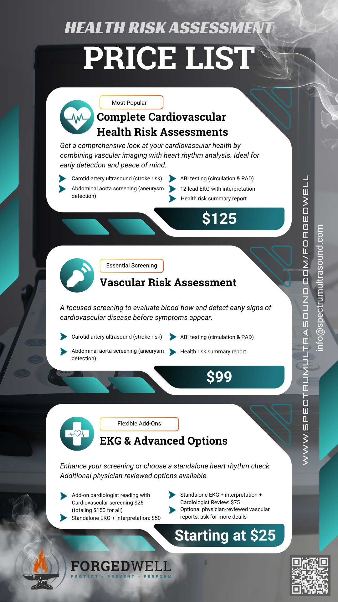 Price list for cardiovascular health assessments, including complete cardiovascular risk assessments, vascular risk assessment,  and additional EKG and advanced options with pricing. Background shows an ultrasound machine with smoke effects.