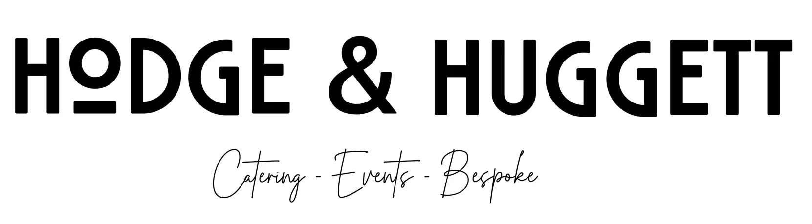 Logo for Hedge & Huggett featuring bold black text and a tagline that reads "Catering - Events - Bespoke" in cursive