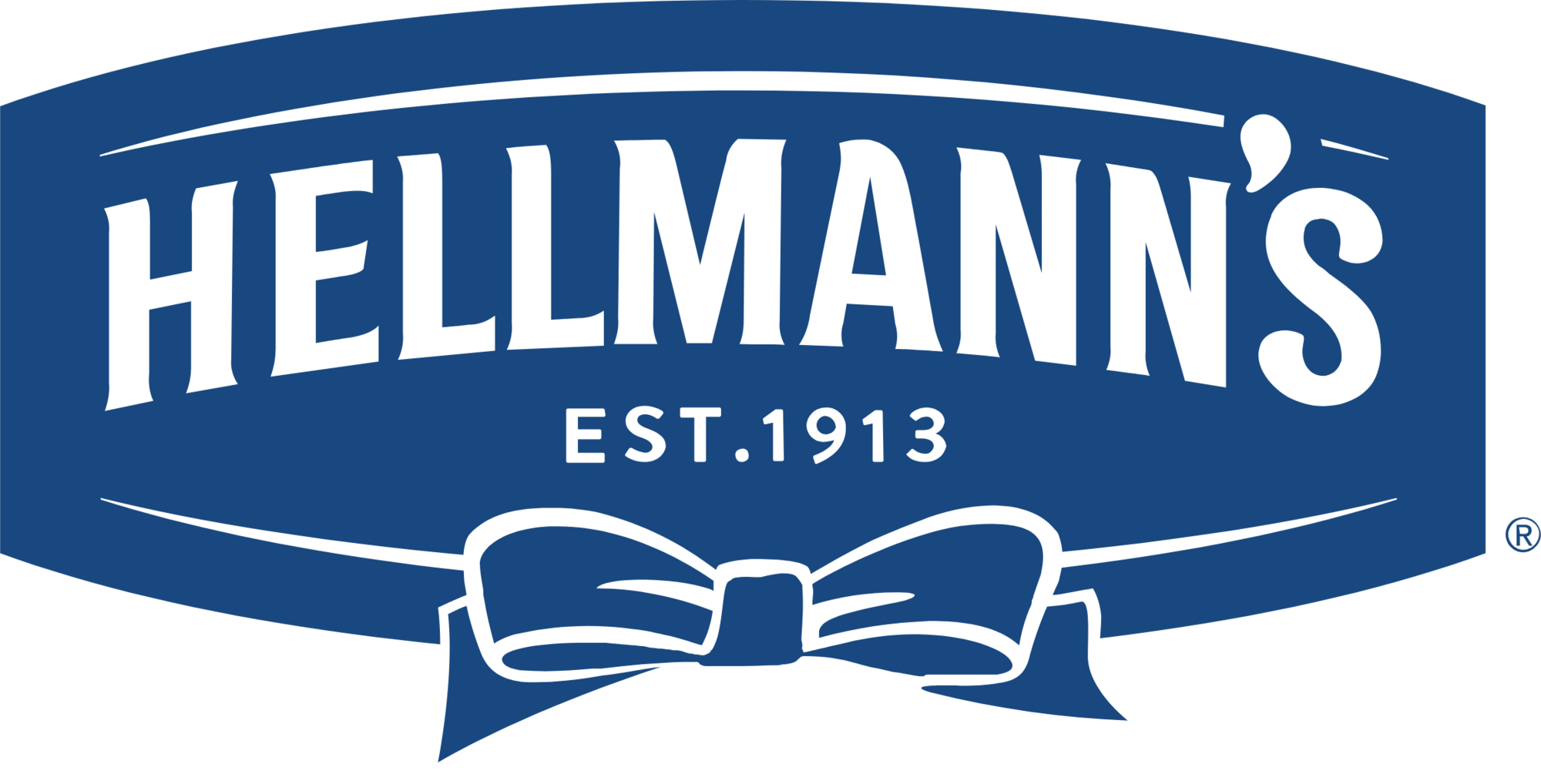 Blue oval logo with white text that reads 'Hellmann's' and 'Est. 1913', featuring a white bow at the bottom.