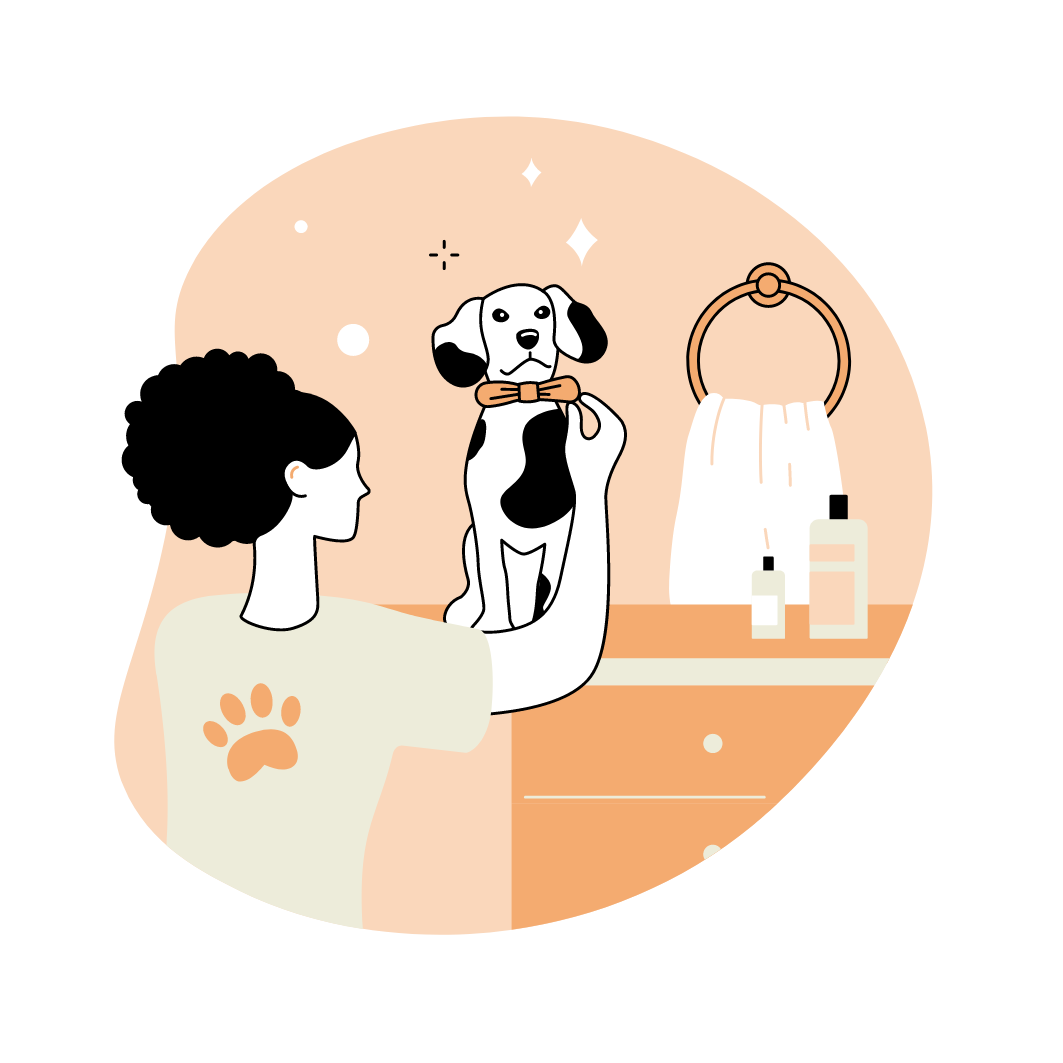 A person holding a black and white dog with a bow tie in a bathroom with a towel, bottles, and a circular towel ring, with a starry background.