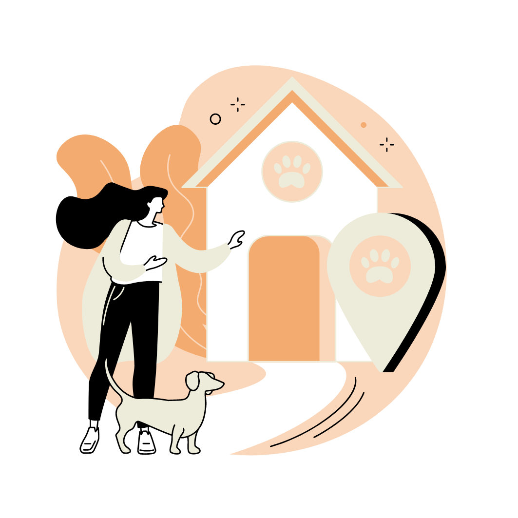 Illustration of a woman with a dog outside a dog-friendly house with paw print icons and a location marker.