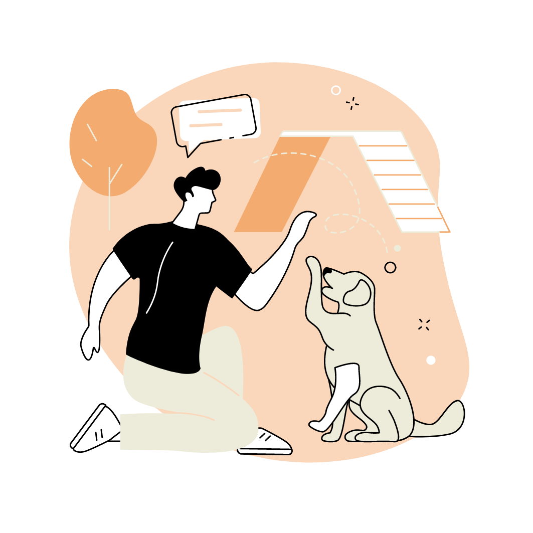 A person kneeling and giving a high five to a sitting dog in front of a skate ramp, with a speech bubble above them and abstract background elements.