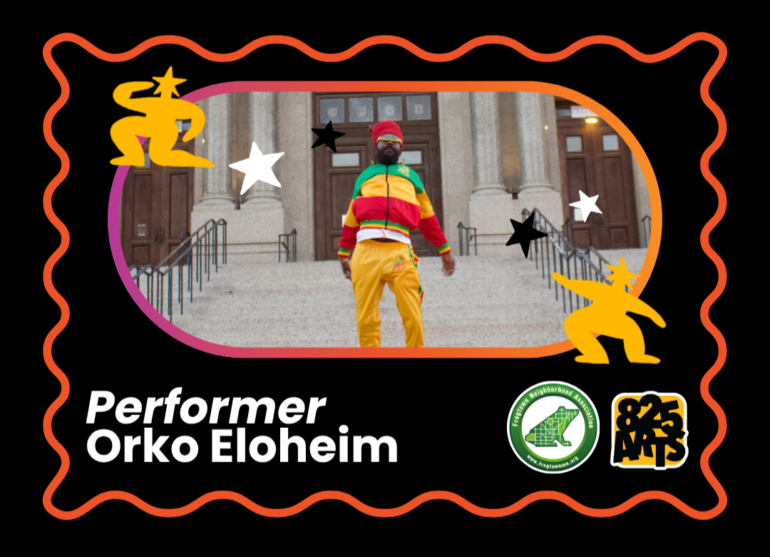 A performer spotlight for Orko Eloheim. The title reads "performer: Orko Eloheim". Above, in an oval frame, is a photo of Orko in a yellow, red, and green hoodie with yellow pants, a red hat, a face covering, and sunglasses, standing on stone steps.