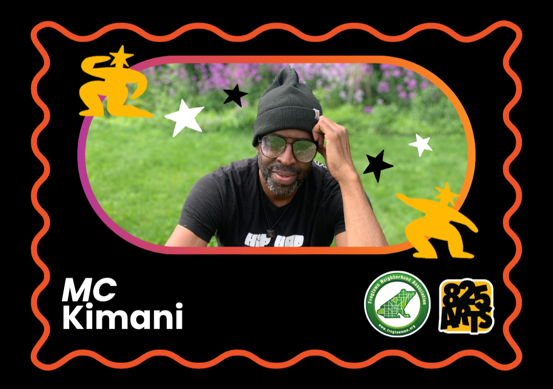 A spotlight for Kimani. the title reads "MC: Kimani". Above, in an oval frame, is an image of kimani seated in a field of flowers, wearing a black shirt that says "hip-hop" and a grey hoodie plus glasses. Kimani is a black man with a short beard.
