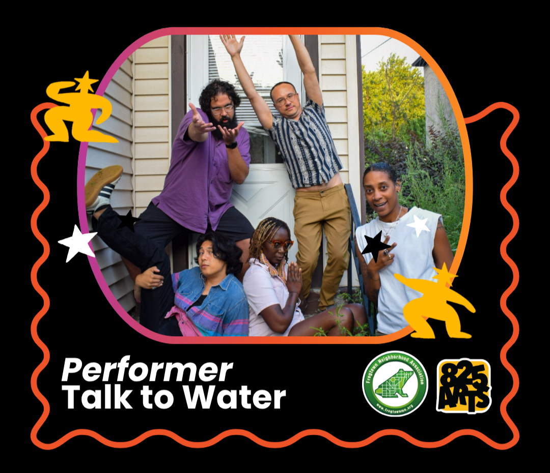 A performer spotlight. the title reads "Performer: Talk To Water". Above, in an oval frame, the band strikes silly poses outside the door of a house.