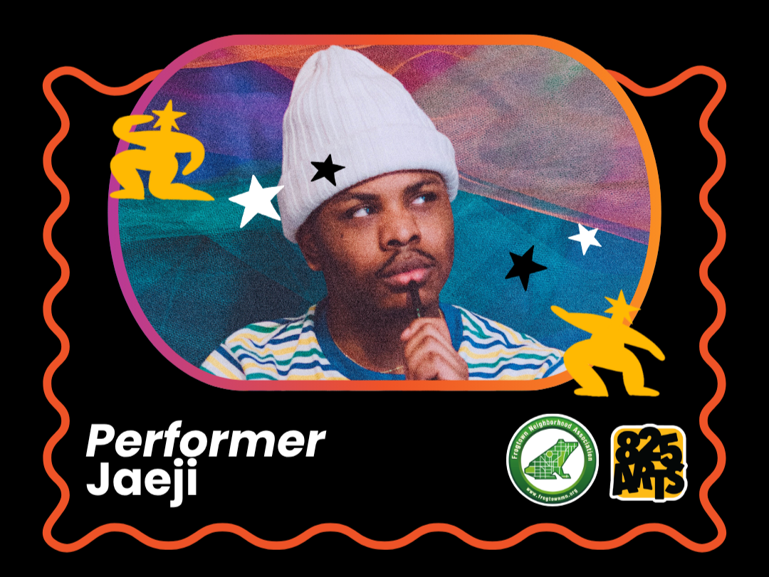 A performer spotlight. The title reads "Performer: Jaeji". Above, in an oval frame, is a photo of Jaeji, who wears a striped shirt and grey beanie, thoughtfully holding a pen to his chin in front of a colorful cloth backdrop.