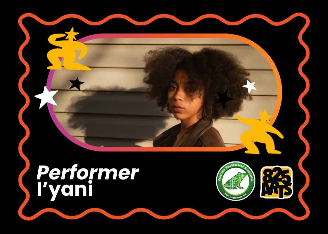 a performer spotlight. The title reads "Performer: I'yani". Above, in an oval frame, is a photo of I'yani, a young woman with a loose afro parted down the middle. She is photographed in dramatic lighting against the side of a house.