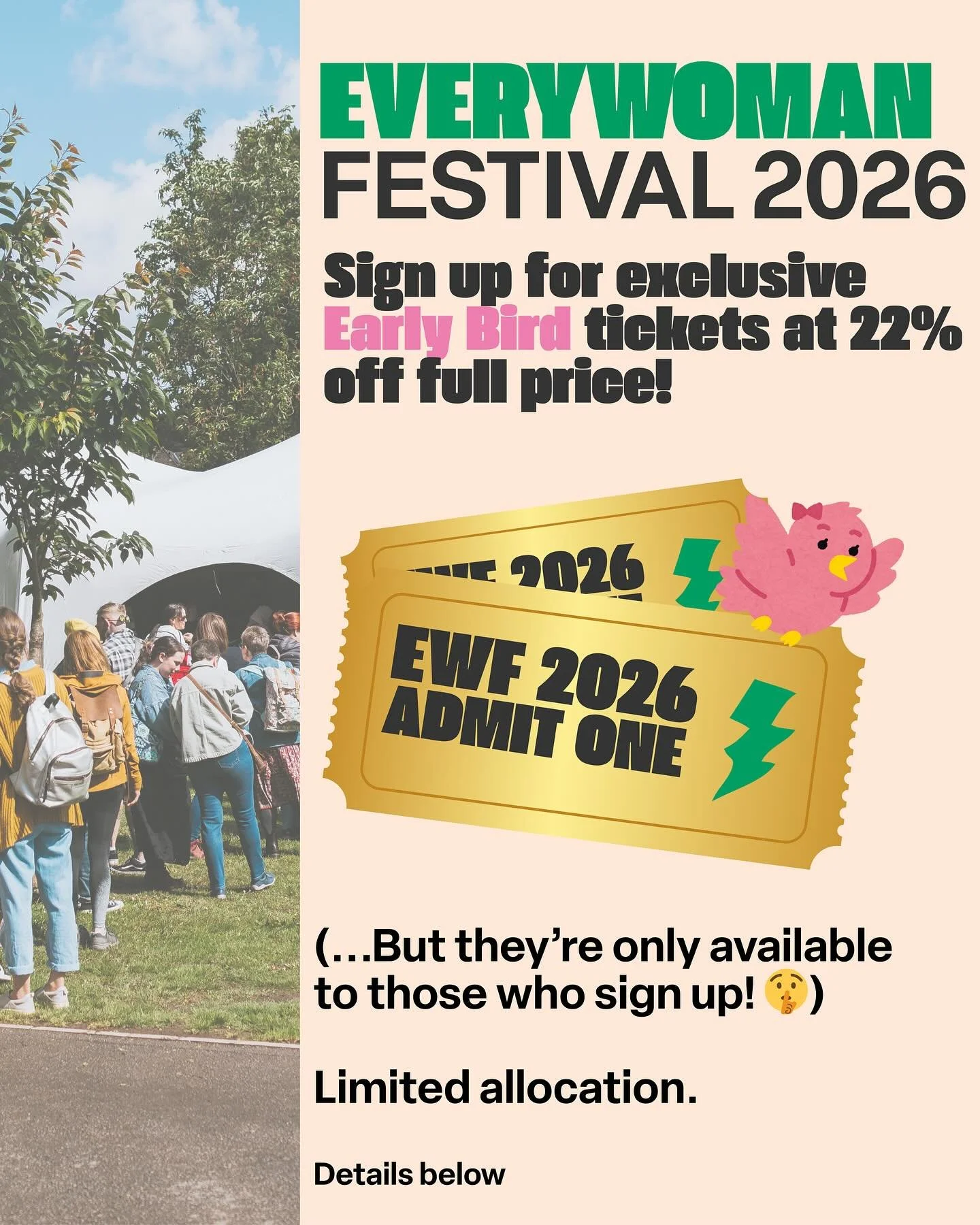 IT&rsquo;S COMPETITION TIME! 🏆🤞🏼

✨ Want to win 4 tickets to Everywoman Festival? Simply sign up now to enter - and as a bonus, every runner up will get exclusive Early Bird access at 22% off full price! ✨

Be the first to know when tickets for Th