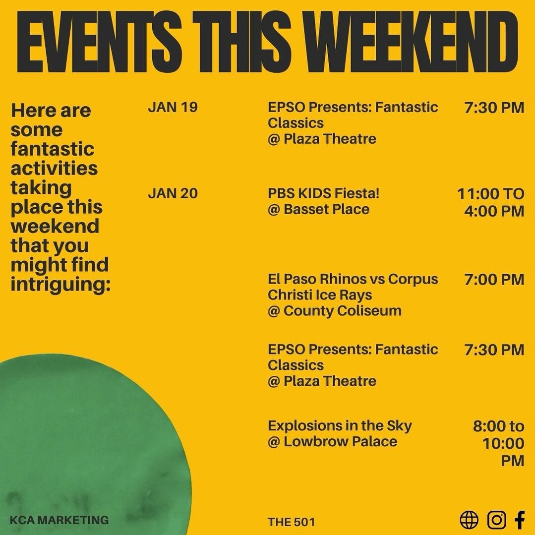 Don&rsquo;t have anything going on this weekend? Check out one of these events! 
🎤🎭🏒🎉
Don&rsquo;t forget to check back on our website and Instagram for new content every week. Have a great day living in beautiful El Paso!
Contact us to schedule a