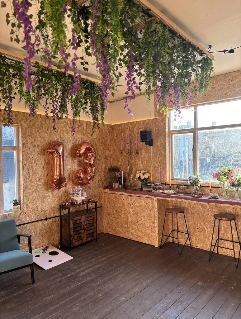 We transformed a store room upstairs at the Bookshop On The Square in Otley into an incredible event space.  We decorated the space for a Bridgerton themed party