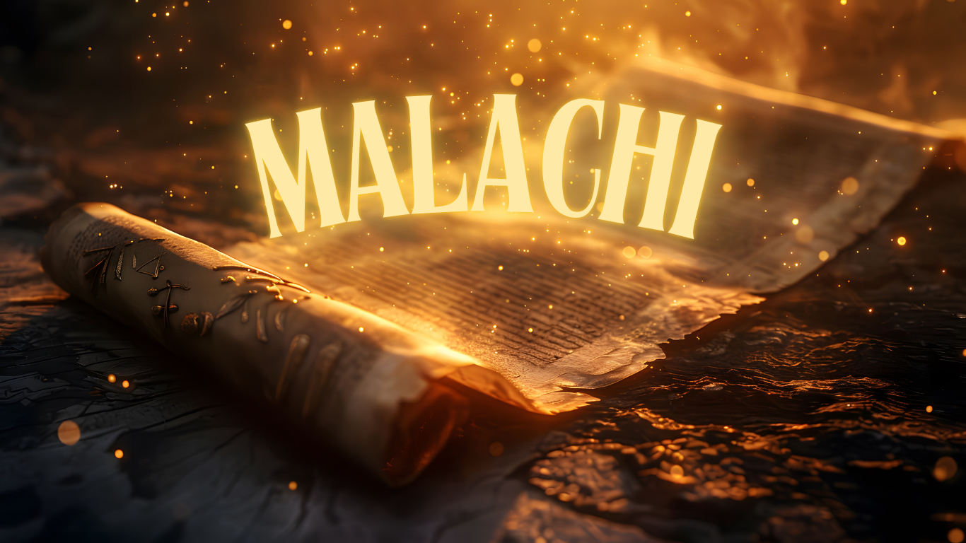 Fiery open scroll with the word 'MALACHI' glowing in the center, surrounded by glowing sparks and a dark, textured background.