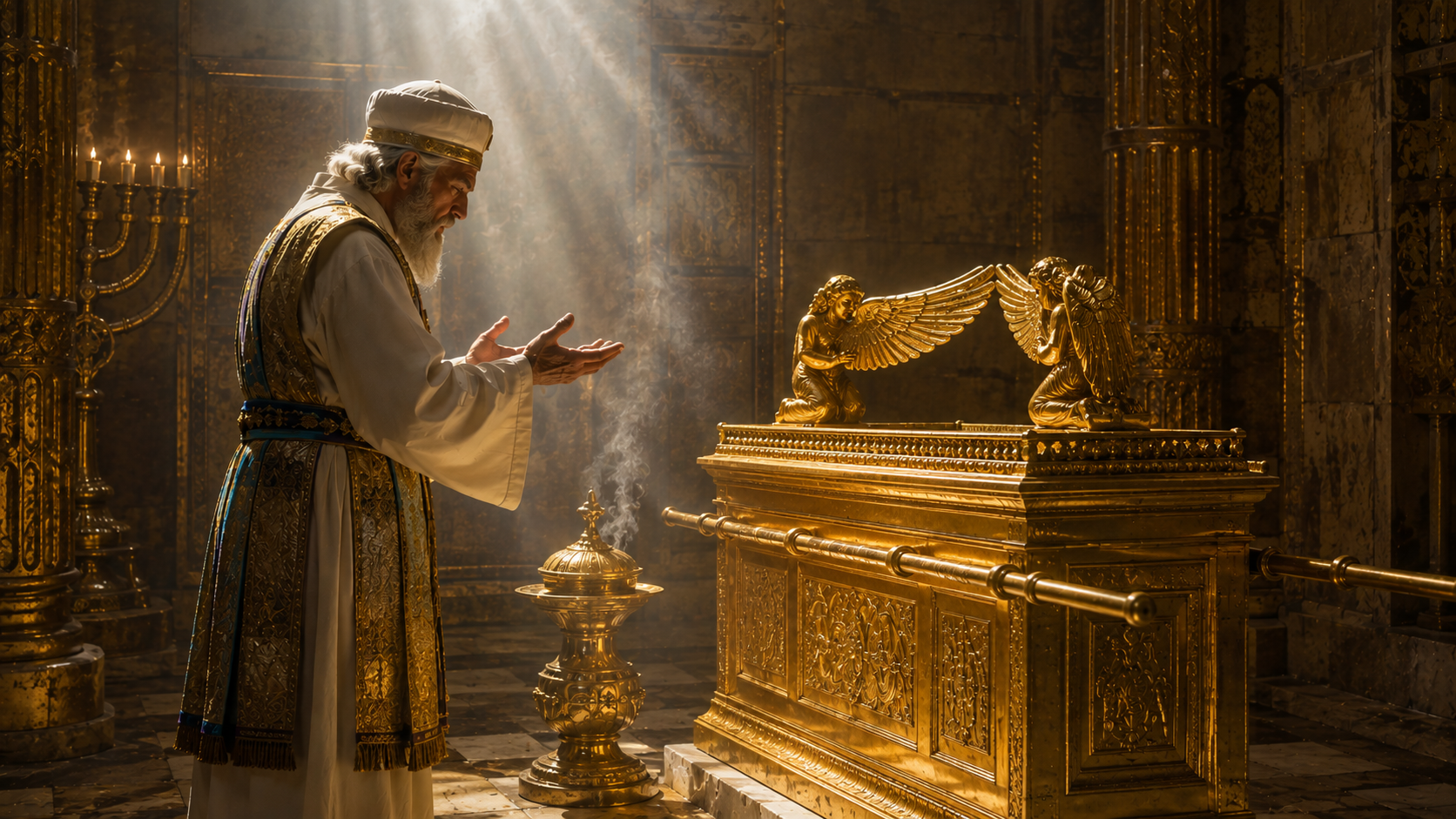 A Priest praying before the Ark of Covenant