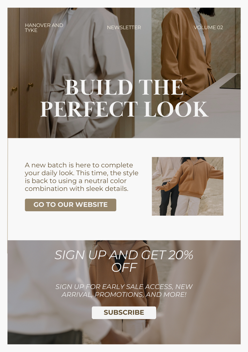 A promotional newsletter for a clothing brand showcasing neutral-colored stylish outfits, with call-to-action buttons for visiting the website and signing up for discounts.