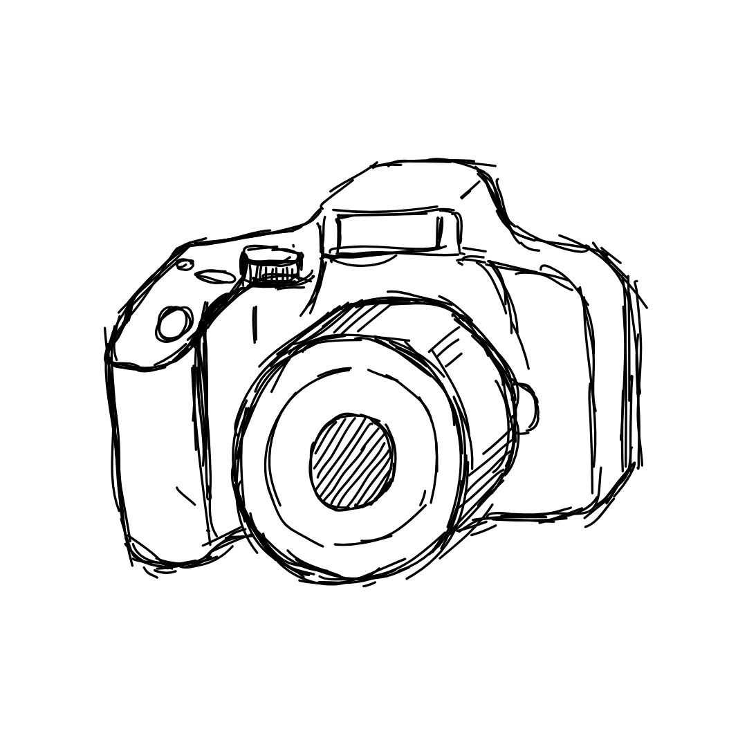 Sketch of a digital camera with a large lens and various buttons on top.