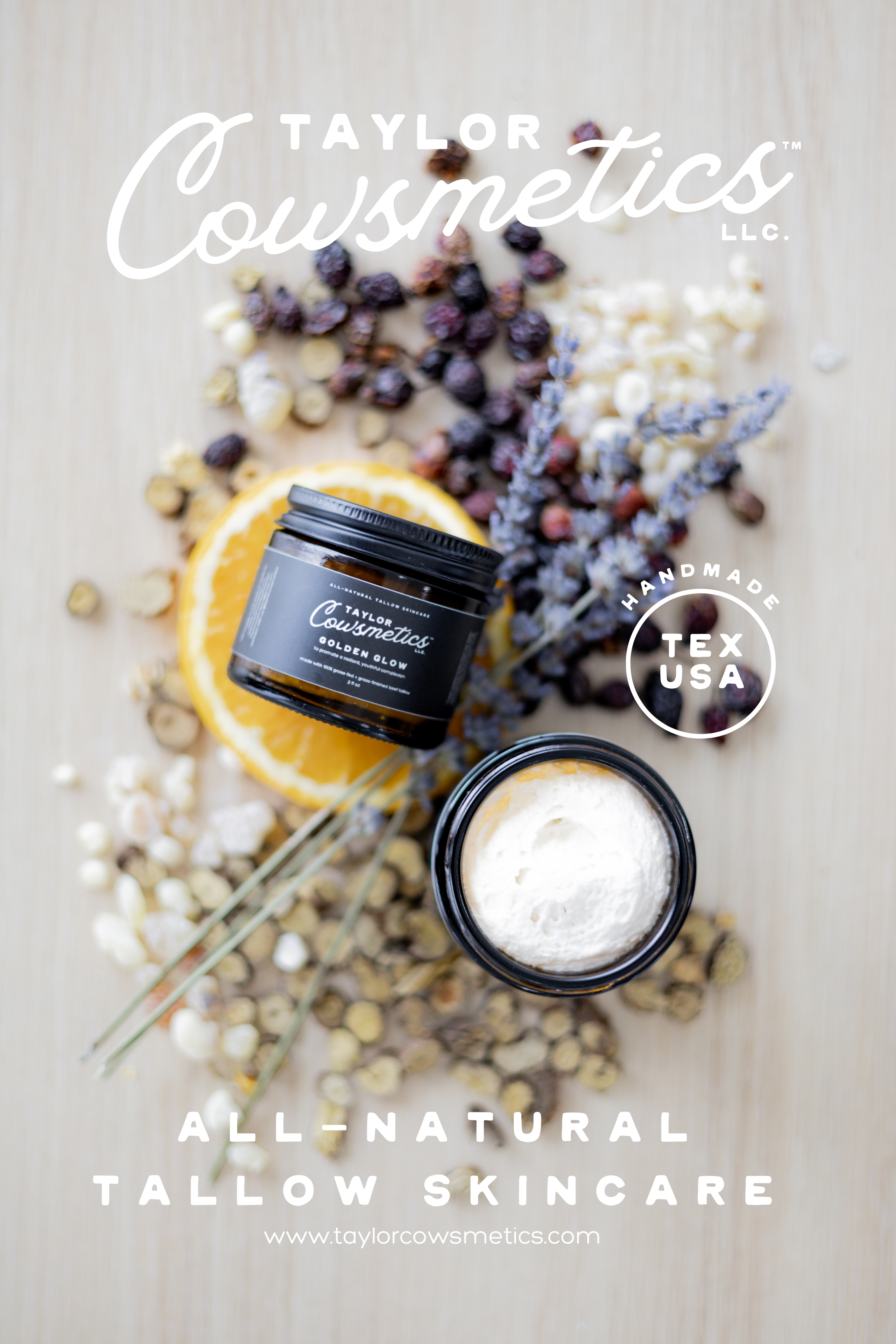 Skincare products from Taylor Cowmetics on a wooden surface, surrounded by dried herbs, lemon slices, and dried flowers.