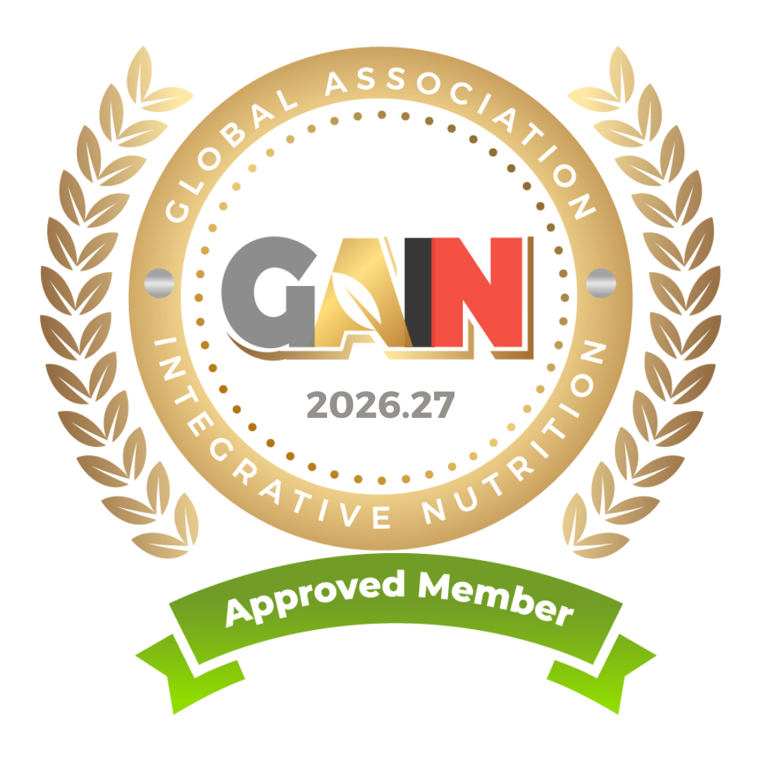 Gold circular badge with the text "Global Association of Intercative Nutritrion" around the edge and the acronym "GAIN" in the center, with a leaf integrated into the letter "A," and the date "2026.27" below. A green banner across the bottom states "Approved Member."