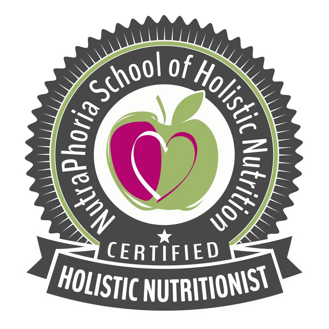 Badge with a green apple and a purple and white heart design in the center, surrounding text reads 'Nutritionaphoria School of Holistic Nutrition,' and a banner at the bottom says 'Certified Holistic Nutritionist.'