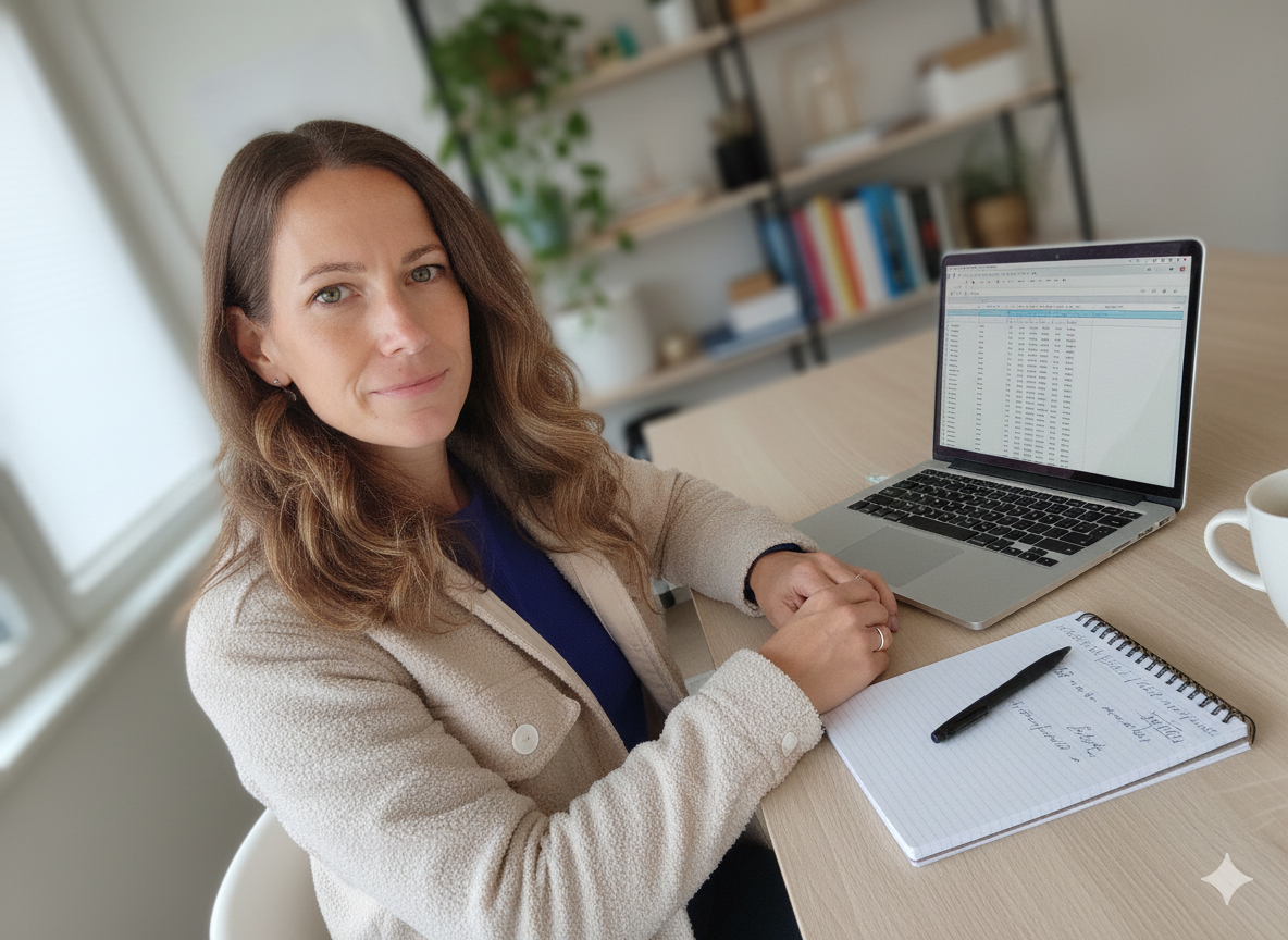 A woman with long brown hair sitting at a desk with a laptop, notebook, and pen, in a well-lit room with a bookshelf and plant in the background.