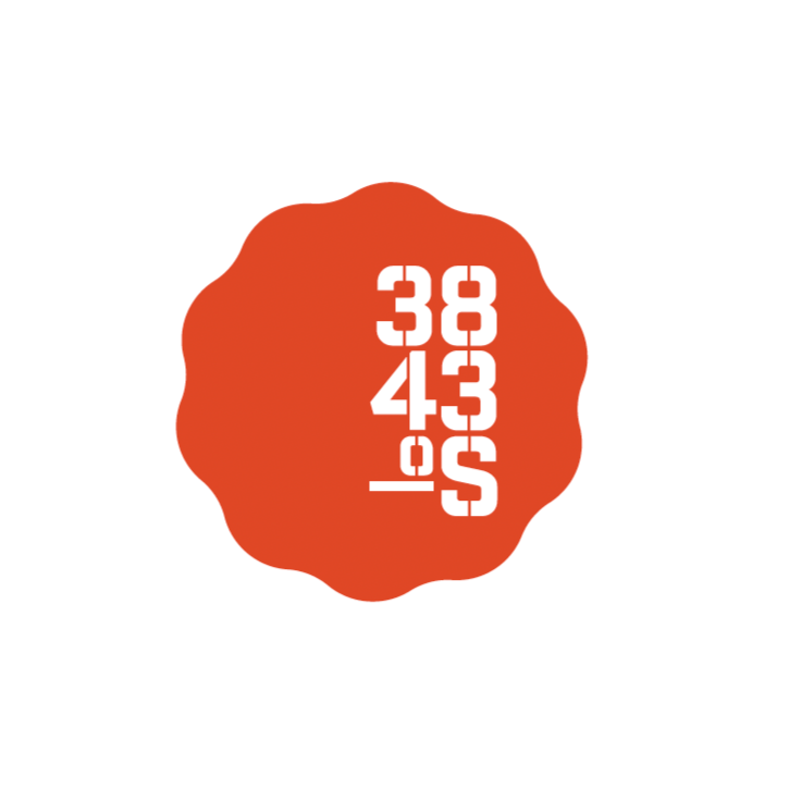 A red, scalloped-edged circle with white bold numbers reading 38, 43, 1, 50 arranged vertically.