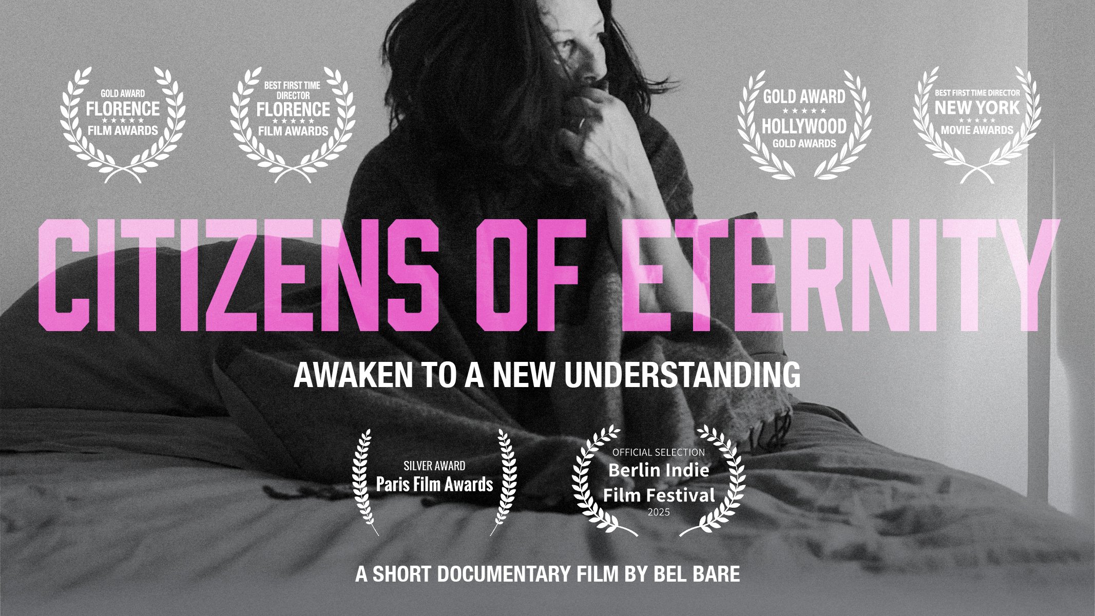 Poster for the documentary film 'Citizens of Eternity' featuring a woman sitting on a bed, with black and white filter, and awards and festival recognitions listed.