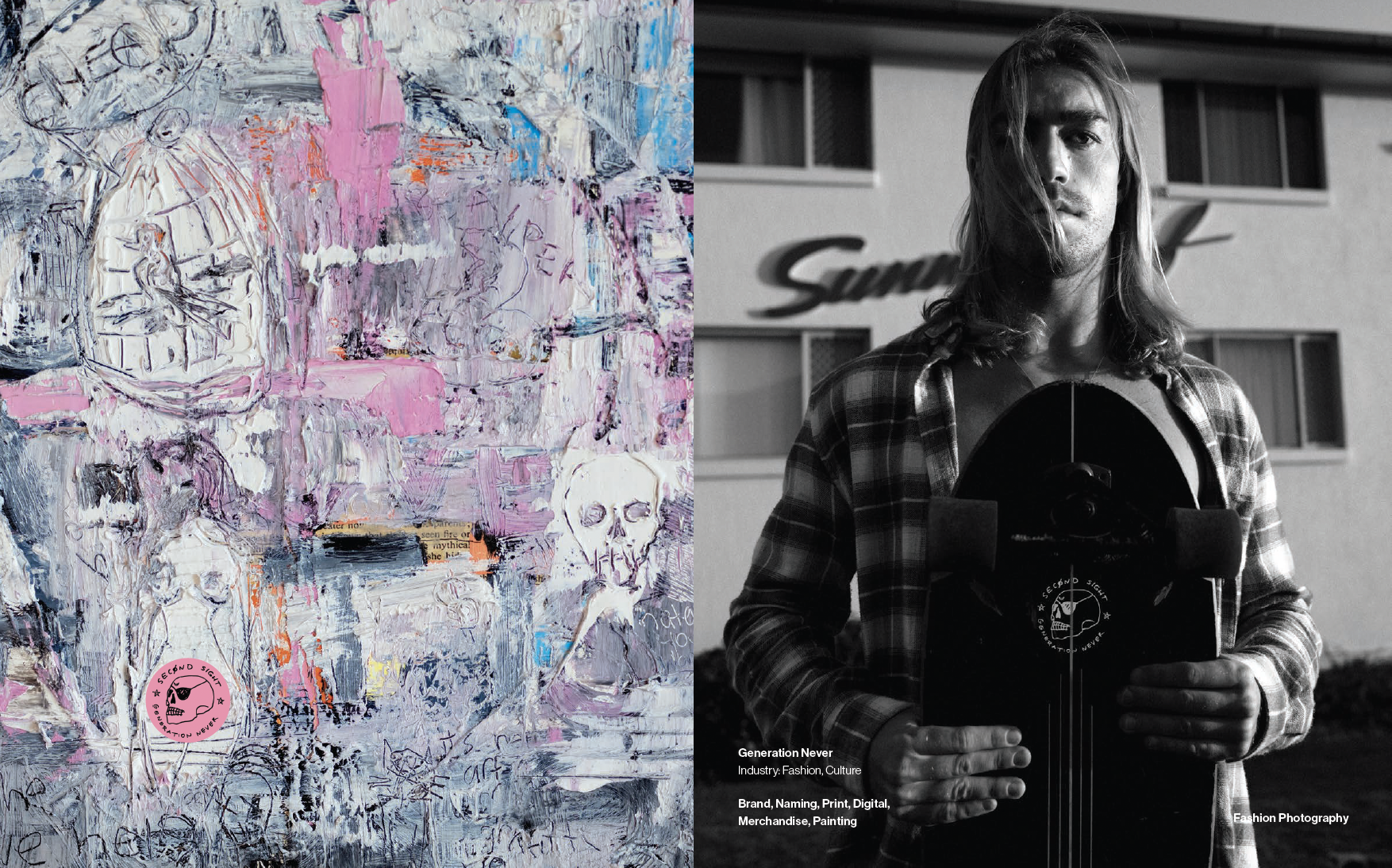 Mixed media artwork on the left with pink, blue, black, and white paint, sketches, and collage elements, including skull and face drawings, with a pink circular sticker in the bottom left corner that reads 'SECOND SIGHT GENERATION NEVER.' On the righ