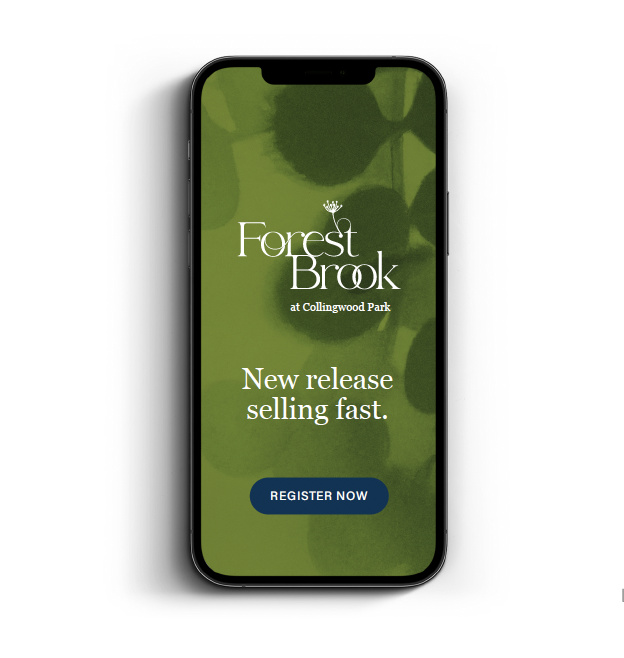 Smartphone displaying a green background with white text promoting Forest Brook at Collingwood Park, mentioning a new release selling fast and a blue Register Now button.