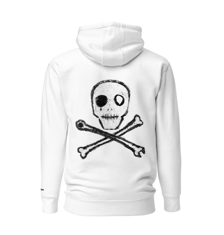 White hoodie with a black skull and crossbones graphic on the back.