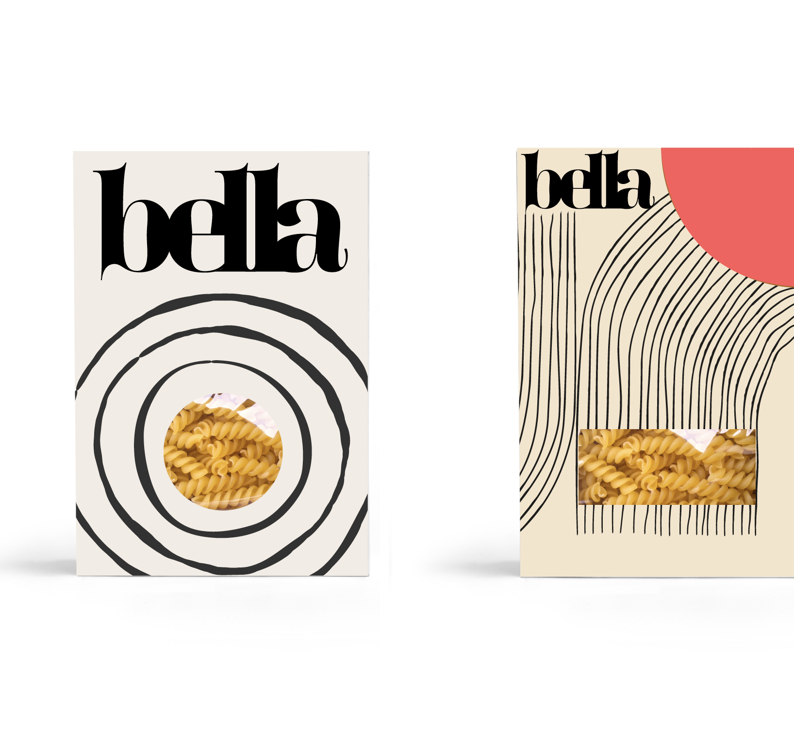 Two pasta boxes displaying fusilli pasta through transparent windows, with black text 'bela' at the top, decorated with black concentric circles and lines, and one box featuring a red semi-circle in the top right corner.