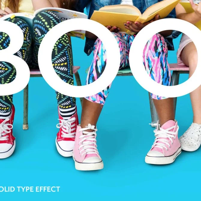 Three children sitting on a bench reading books, wearing colorful patterned clothes and sneakers, against a bright blue background.