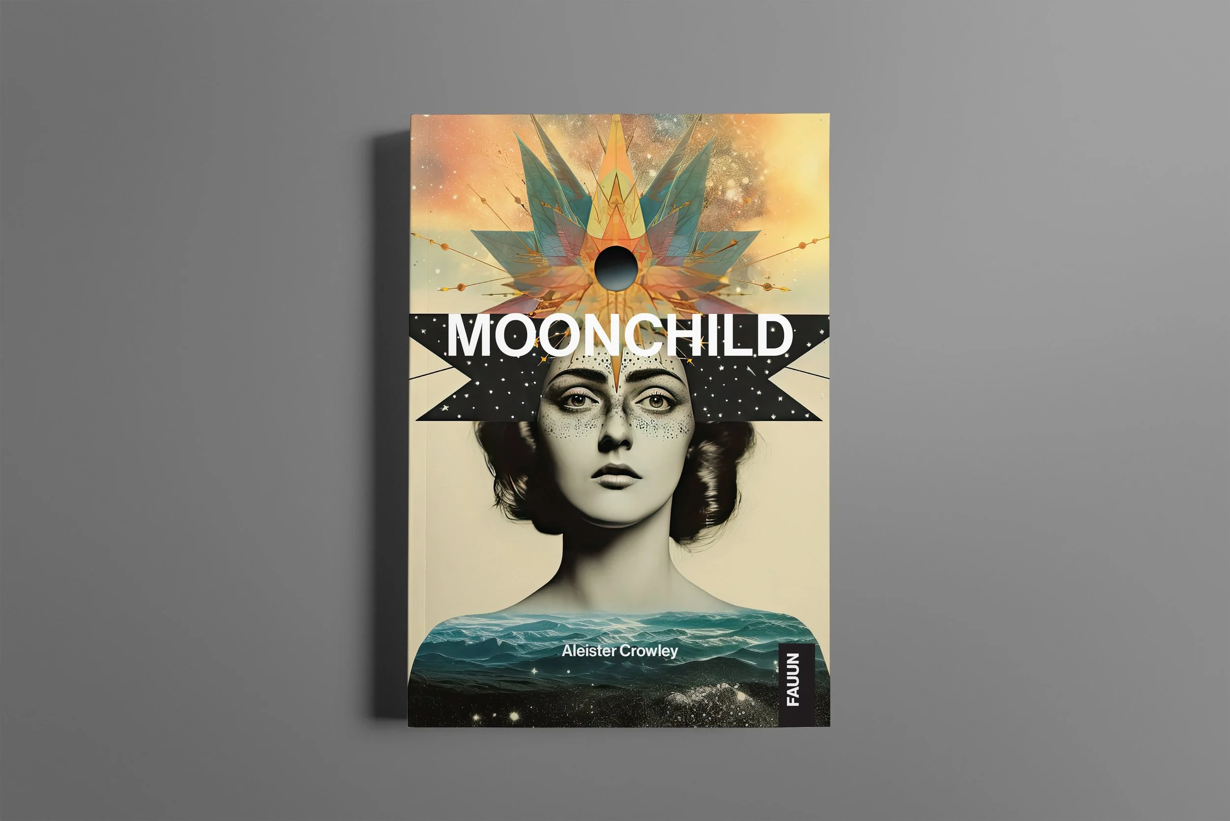 Book cover titled 'Moonchild' by Aleister Crowley featuring a black-and-white woman's face with painted freckles, a celestial-themed headpiece, a stylized ocean at the bottom, and abstract cosmic backgrounds.