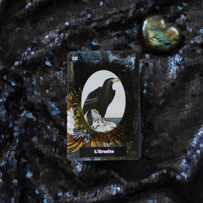 A tarot card titled "L'Eranite" features a black eagle standing on rocks with the ocean in the background. The card is placed on black, shiny, sequined fabric next to a heart-shaped stone with lapis lazuli coloration.