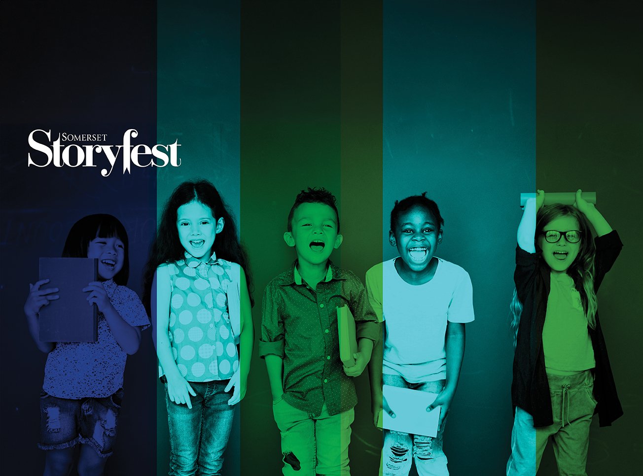 A group of five children smiling and holding books and a tablet, standing in front of a colorful wall, with a 'Somerset Storyfest' logo in the top left corner.