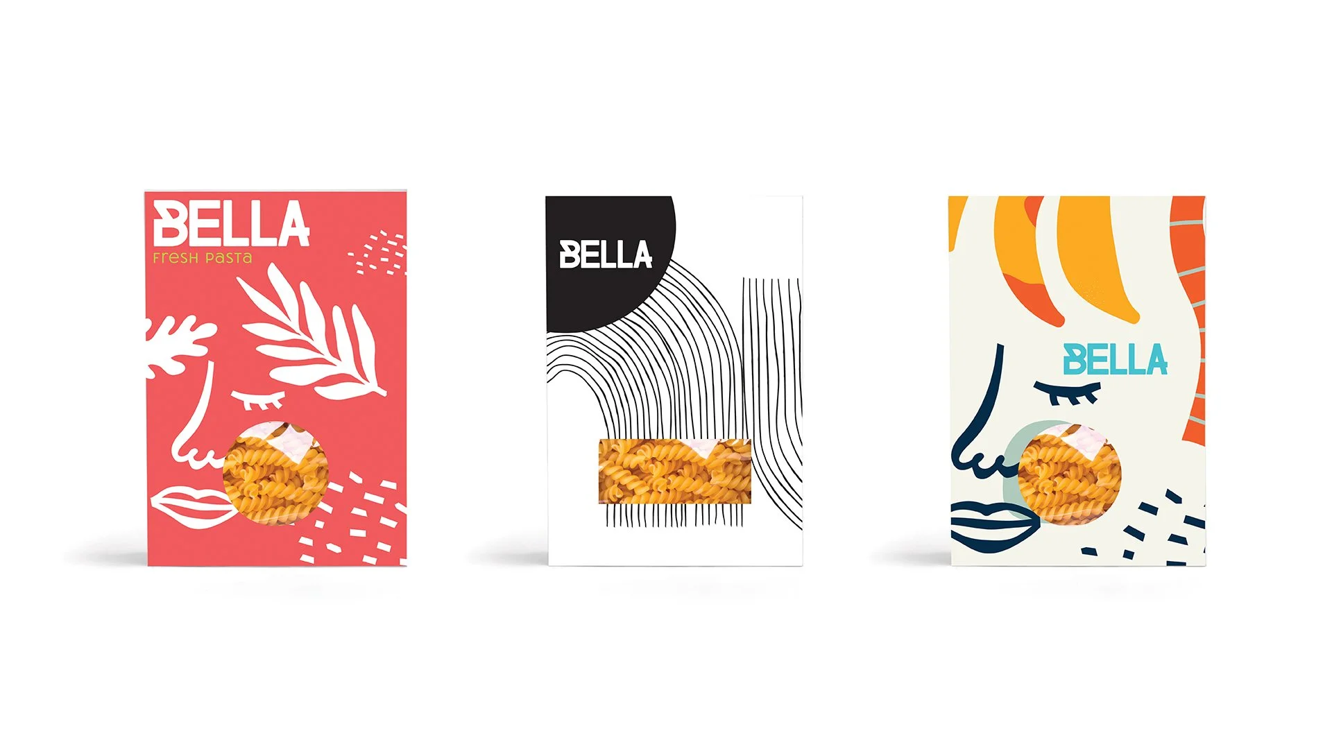 Three different pasta packages with abstract, artistic face designs on each. The first package is red with white illustrations and yellow text reading 'BELLA fresh pasta'. The second package is black and white with a black semicircle and black lines,