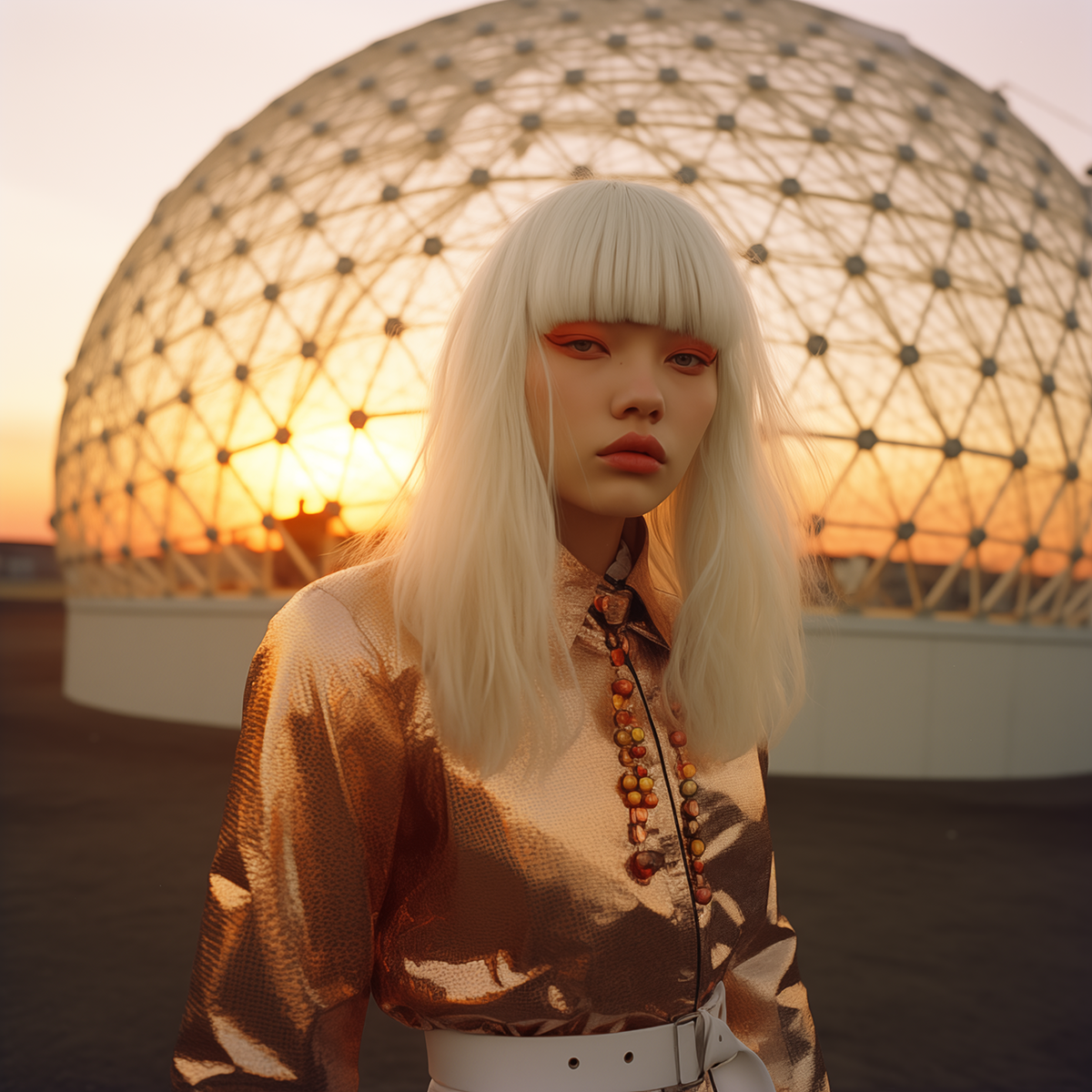 A woman with platinum blonde hair and bold makeup stands in front of a geodesic dome during sunset.